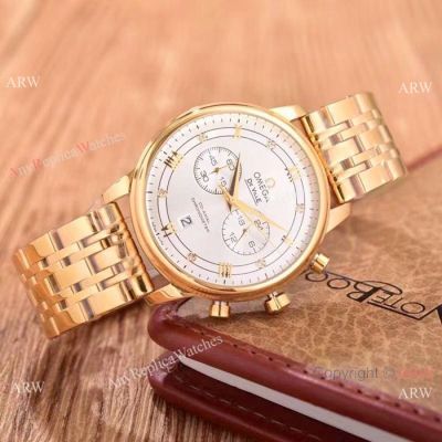 New Replica Omega DeVille Chronograph Watches Yellow Gold Silver Dial